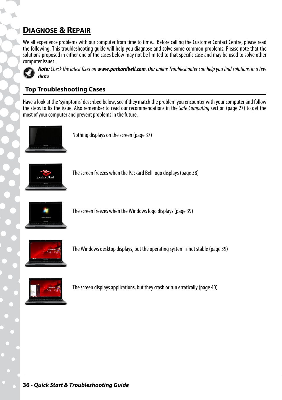 Diagnose & repair, Top troubleshooting cases | PACKARD BELL EN BG35 User Manual | Page 36 / 56