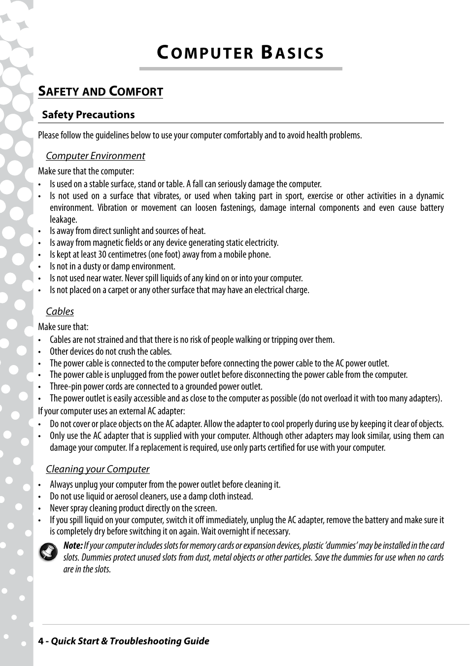 Computer basics, Safety and comfort, Safety precautions | PACKARD BELL EN BG35 User Manual | Page 4 / 56