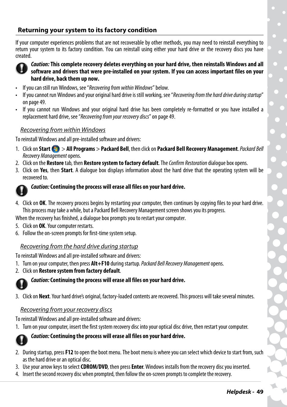 Returning your system to its factory condition | PACKARD BELL EN BG35 User Manual | Page 49 / 56