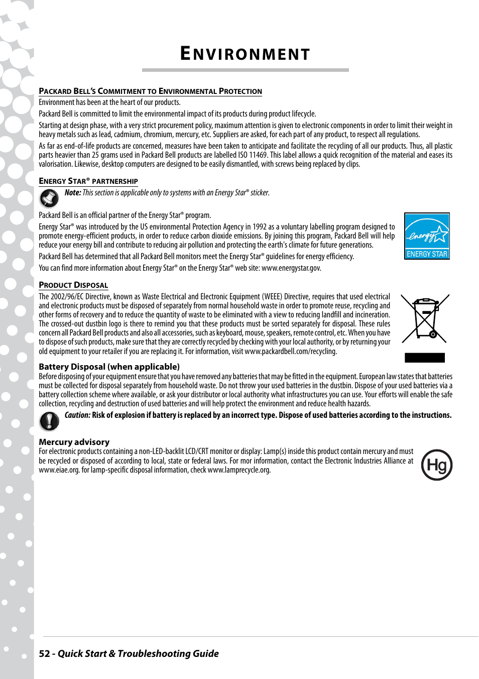 Environment | PACKARD BELL EN BG35 User Manual | Page 52 / 56