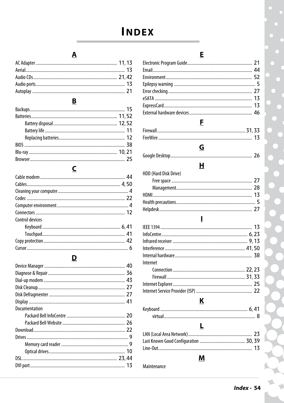 Index, N d e x | PACKARD BELL EN BG35 User Manual | Page 54 / 56