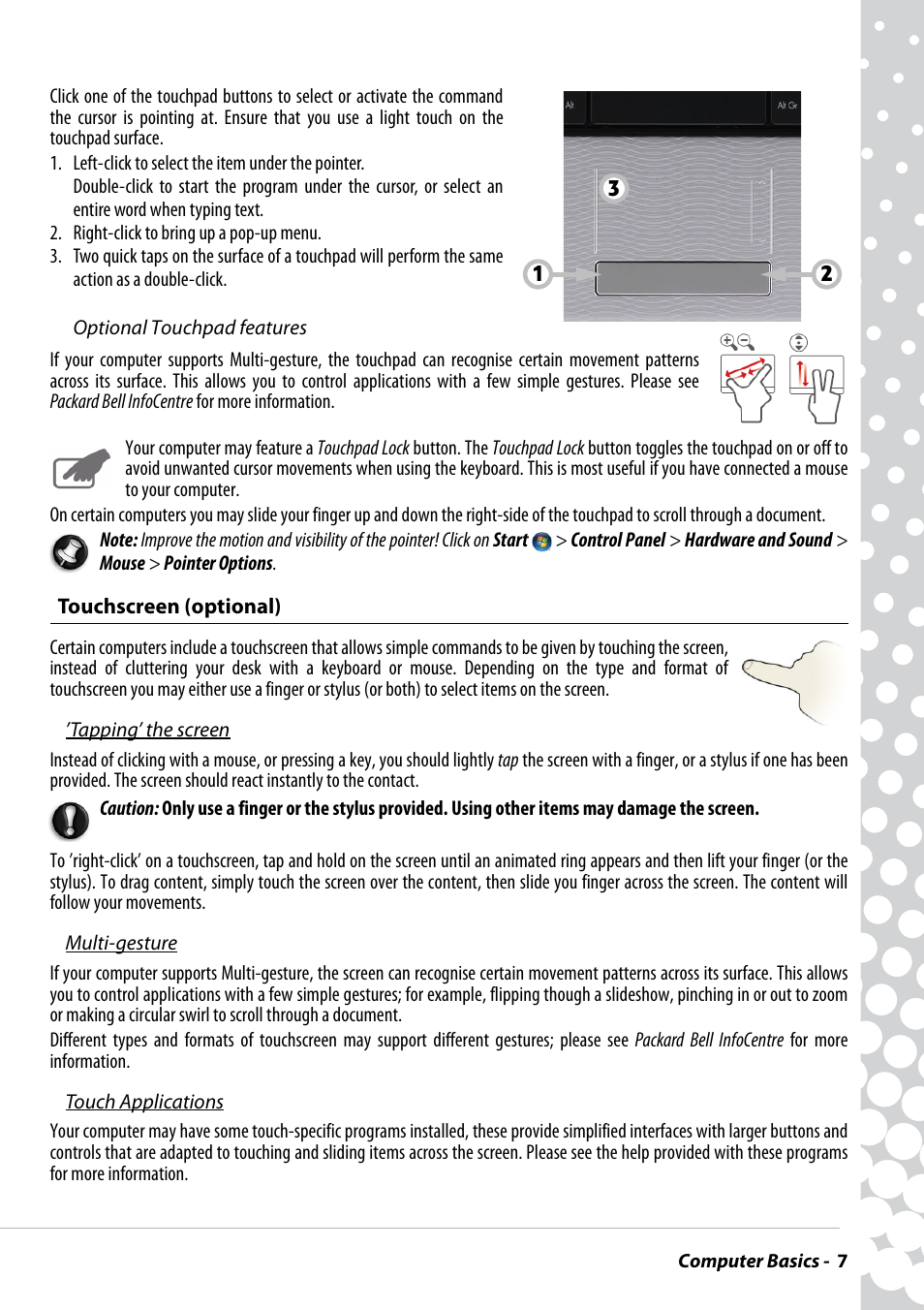 Touchscreen (optional) | PACKARD BELL EN BG35 User Manual | Page 7 / 56