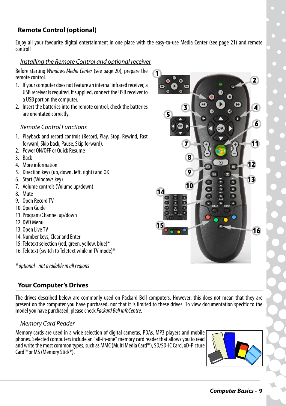 Remote control (optional), Your computer’s drives, Remote control (optional) your computer’s drives | PACKARD BELL EN BG35 User Manual | Page 9 / 56