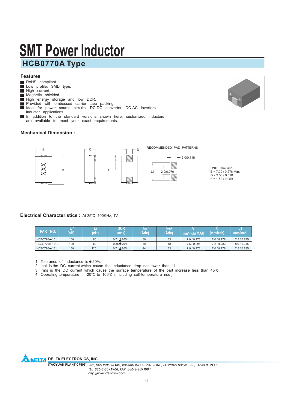 Delta Electronics HCB0770A User Manual | 1 page