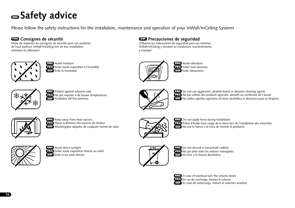 Safety advice, Consignes de sécurité, Precauciones de seguridad | Canton InWall 945 LCR User Manual | Page 16 / 28