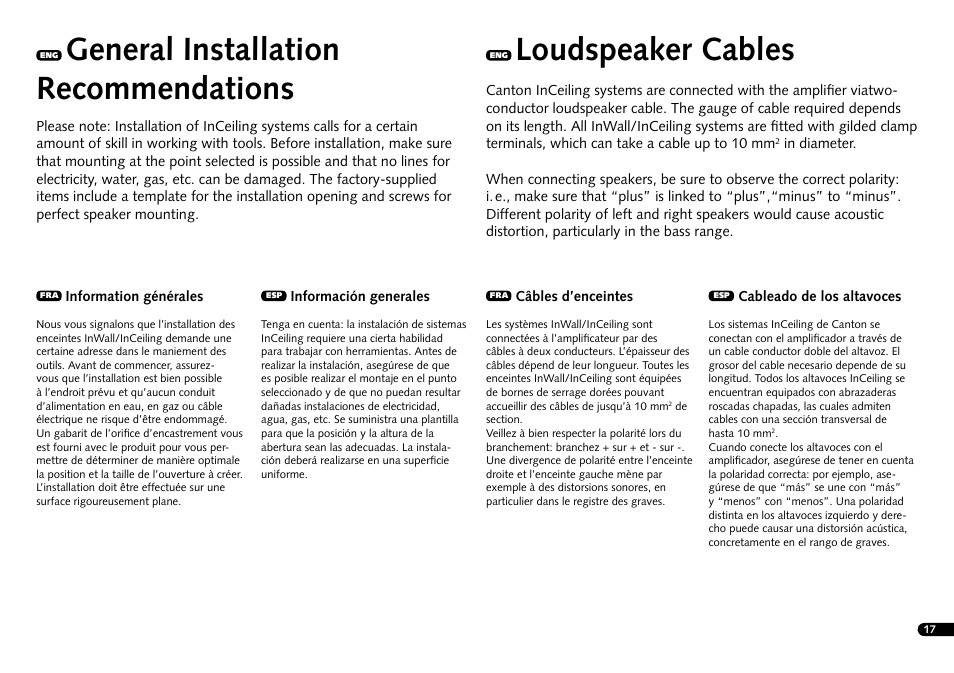 General installation recommendations, Loudspeaker cables | Canton InWall 945 LCR User Manual | Page 17 / 28