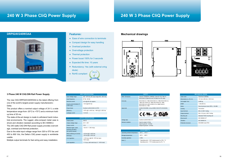 240 w 3 phase cliq power supply, Features, Mechanical drawings | Delta Electronics CliQ User Manual | Page 10 / 13