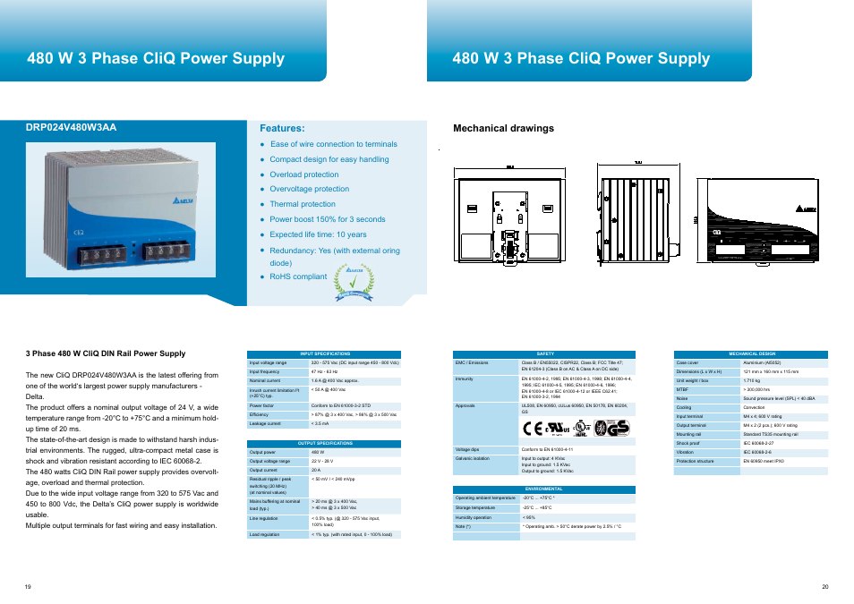 480 w 3 phase cliq power supply, 24v 20a, Adjust dc ok | Features, Mechanical drawings | Delta Electronics CliQ User Manual | Page 11 / 13