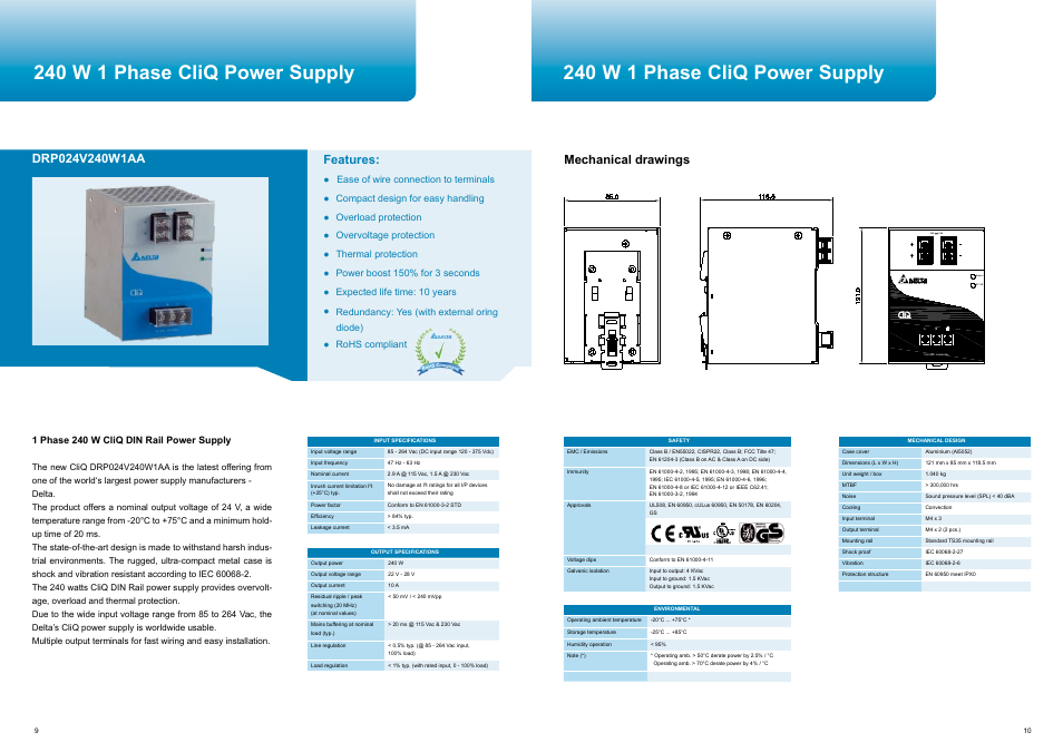 240 w 1 phase cliq power supply, Features, Mechanical drawings | Delta Electronics CliQ User Manual | Page 6 / 13