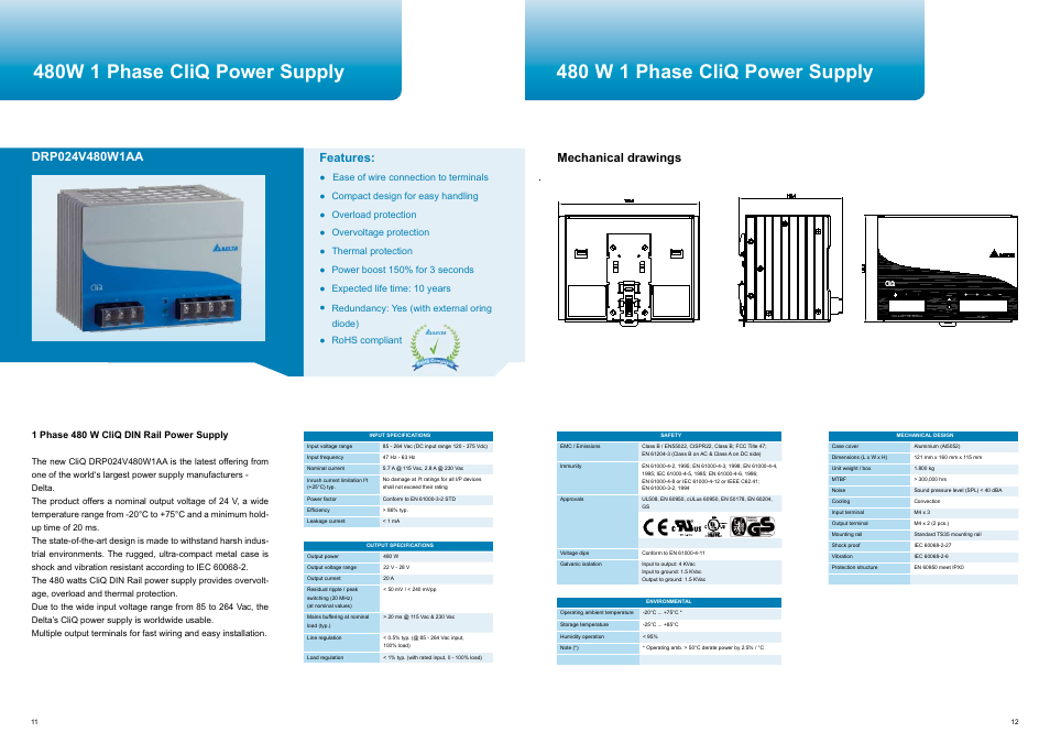 480w 1 phase cliq power supply, 480 w 1 phase cliq power supply, 24v 20a | Adjust dc ok, Features, Mechanical drawings | Delta Electronics CliQ User Manual | Page 7 / 13