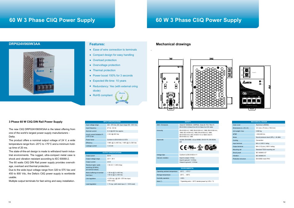 60 w 3 phase cliq power supply, Features, Mechanical drawings | Delta Electronics CliQ User Manual | Page 8 / 13