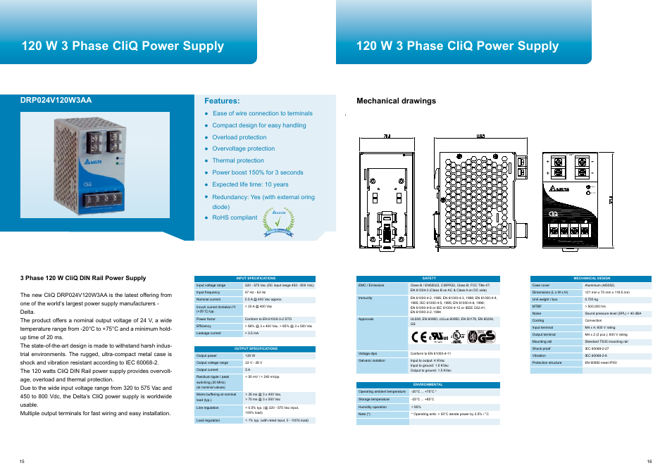 120 w 3 phase cliq power supply, Features, Mechanical drawings | Delta Electronics CliQ User Manual | Page 9 / 13