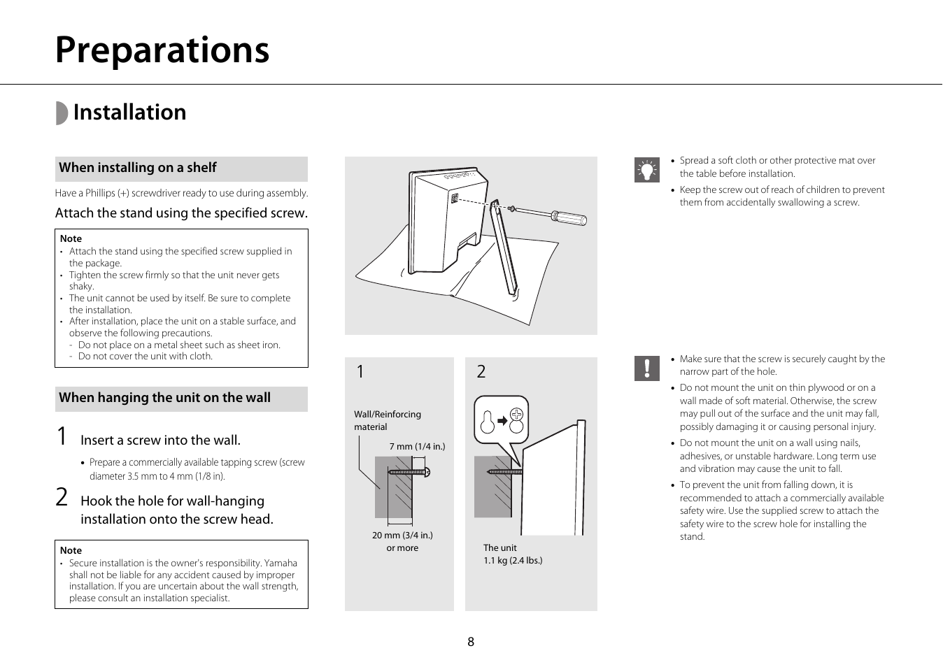 Preparations, Installation, When installing on a shelf | When hanging the unit on the wall, And (  p.8), P.8) | Yamaha ISX-18 User Manual | Page 12 / 47