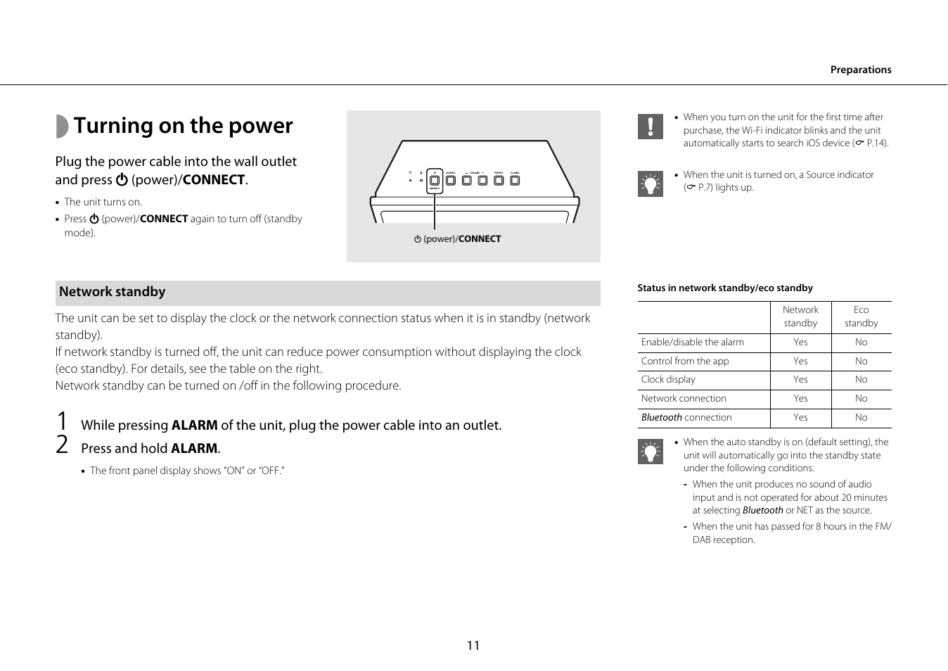 Turning on the power, Network standby, P.11) | Power)/ connect, Press and hold alarm | Yamaha ISX-18 User Manual | Page 15 / 47