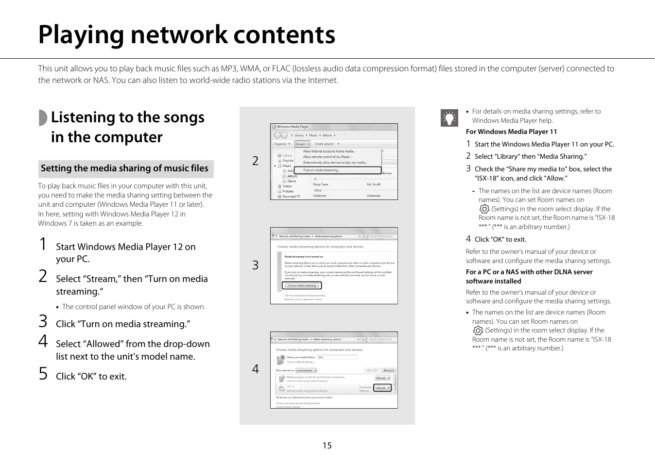Playing network contents, Listening to the songs in the computer, Setting the media sharing of music files | Yamaha ISX-18 User Manual | Page 19 / 47