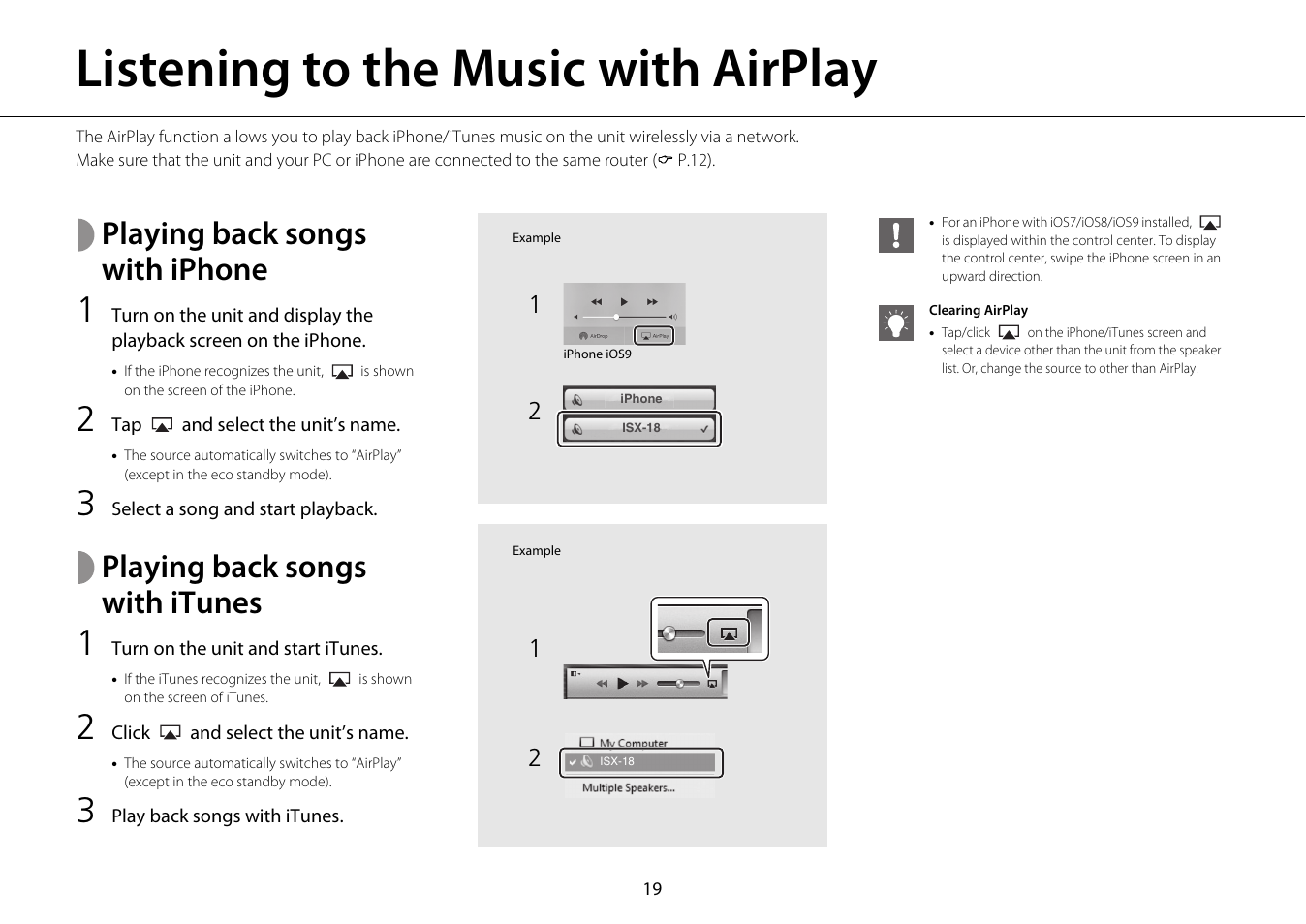 Listening to the music with airplay, Playing back songs with iphone, Playing back songs with itunes | Yamaha ISX-18 User Manual | Page 23 / 47