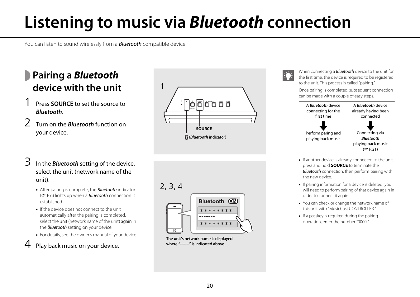 Listening to music via bluetooth connection, Pairing a bluetooth device with the unit, P.20) | Yamaha ISX-18 User Manual | Page 24 / 47