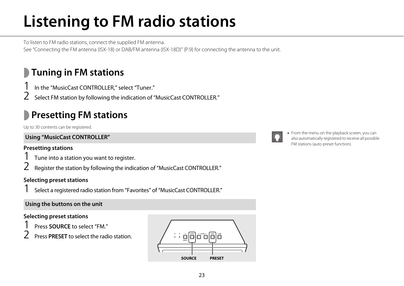 Listening to fm radio stations, Tuning in fm stations, Presetting fm stations | Using “musiccast controller, Using the buttons on the unit | Yamaha ISX-18 User Manual | Page 27 / 47