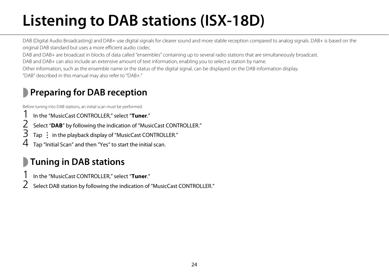 Listening to dab stations (isx-18d), Preparing for dab reception, Tuning in dab stations | Yamaha ISX-18 User Manual | Page 28 / 47