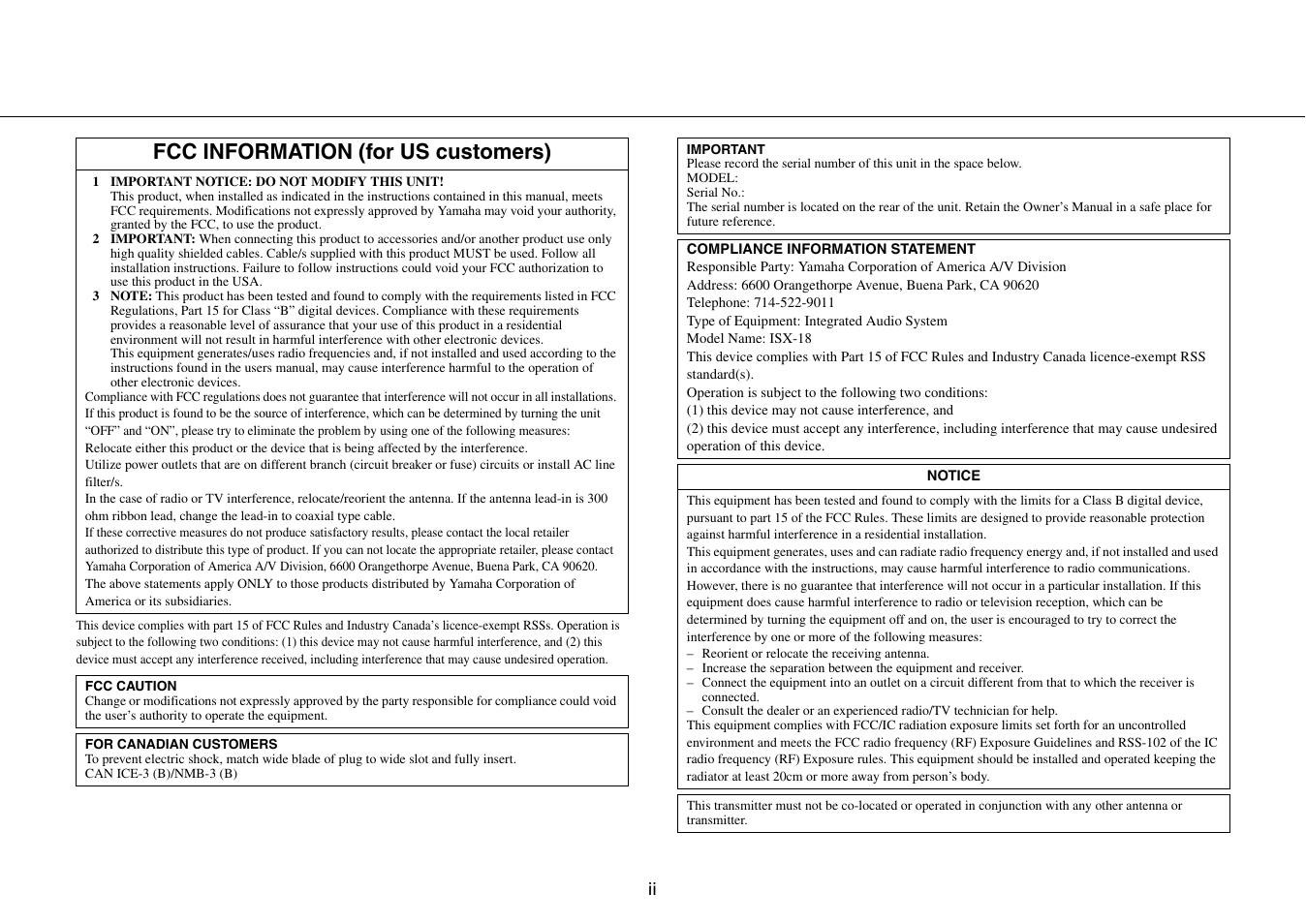 Fcc information (for us customers) | Yamaha ISX-18 User Manual | Page 3 / 47