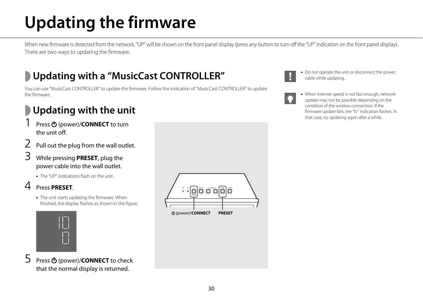 Updating the firmware, Updating with a “musiccast controller, Updating with the unit | Yamaha ISX-18 User Manual | Page 34 / 47