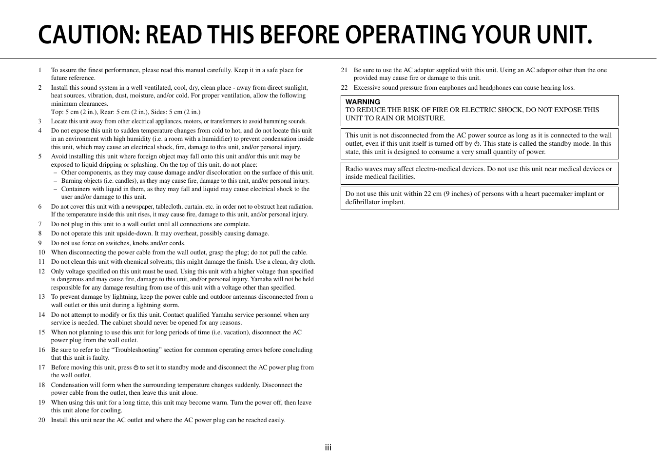 Caution: read this before operating your unit | Yamaha ISX-18 User Manual | Page 4 / 47