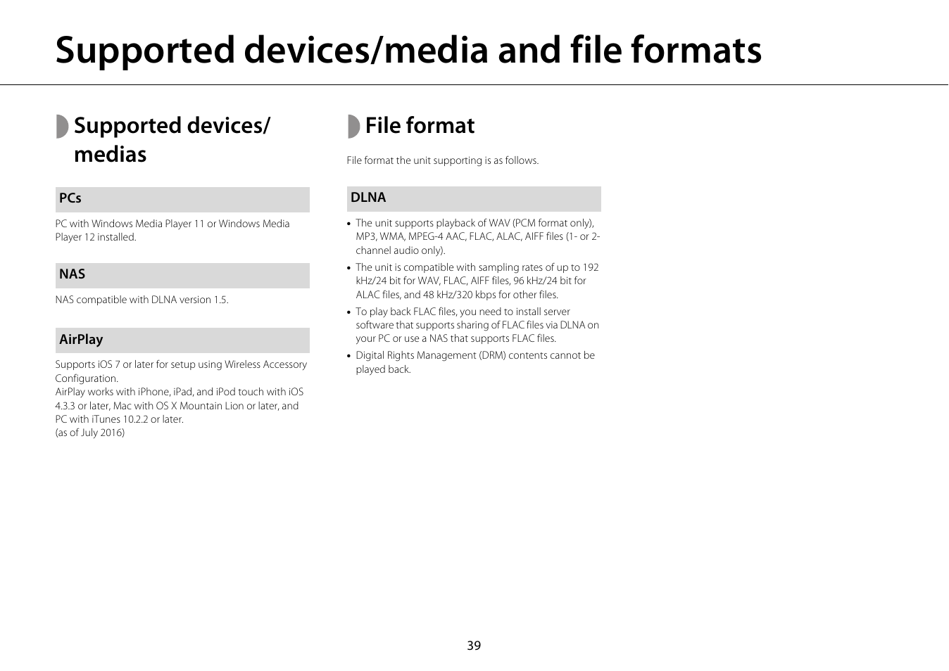 Supported devices/media and file formats, Airplay, Dlna | Supported devices/ medias, File format | Yamaha ISX-18 User Manual | Page 43 / 47