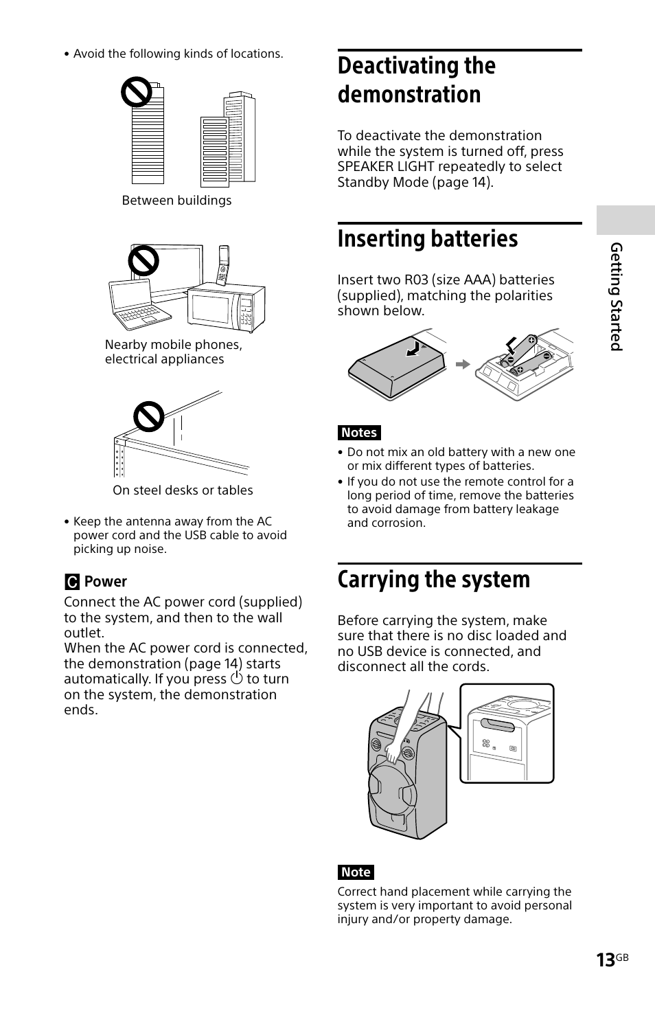 Deactivating the demonstration, Inserting batteries, Carrying the system | Deactivating the | Sony MHC-V11 User Manual | Page 13 / 44