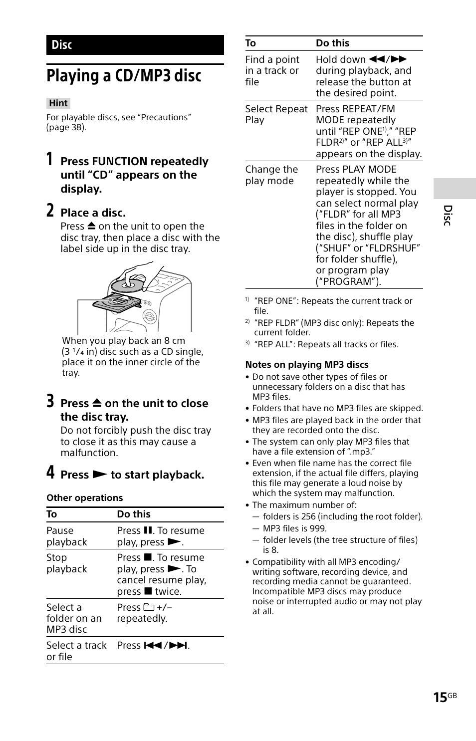 Disc, Playing a cd/mp3 disc | Sony MHC-V11 User Manual | Page 15 / 44