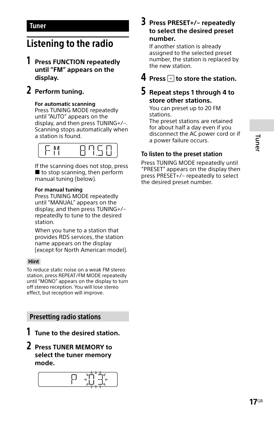 Tuner, Listening to the radio | Sony MHC-V11 User Manual | Page 17 / 44