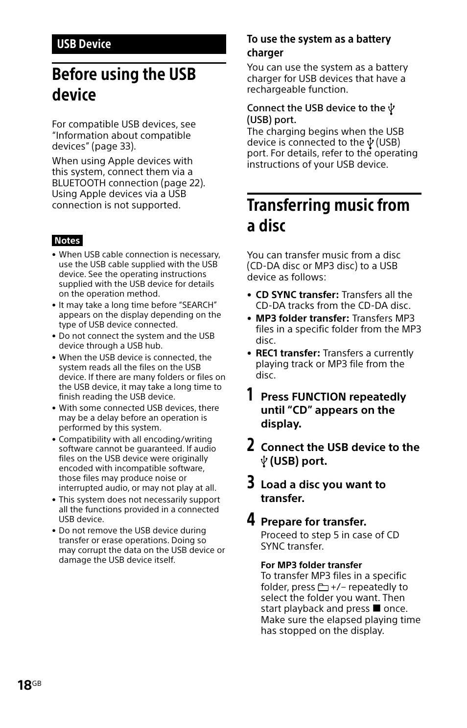 Usb device, Before using the usb device, Transferring music from a disc | Disc | Sony MHC-V11 User Manual | Page 18 / 44