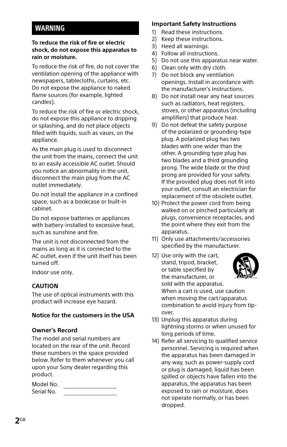 Warning | Sony MHC-V11 User Manual | Page 2 / 44