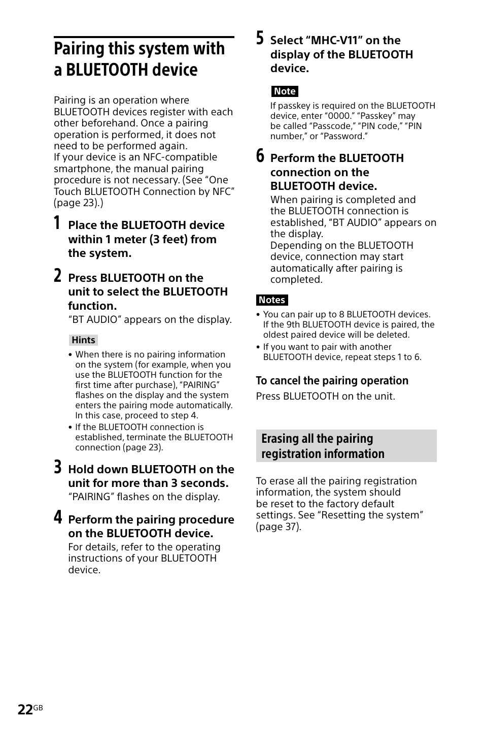 Pairing this system with a bluetooth device, Pairing this system with a, Bluetooth device | Erasing all the pairing registration information | Sony MHC-V11 User Manual | Page 22 / 44