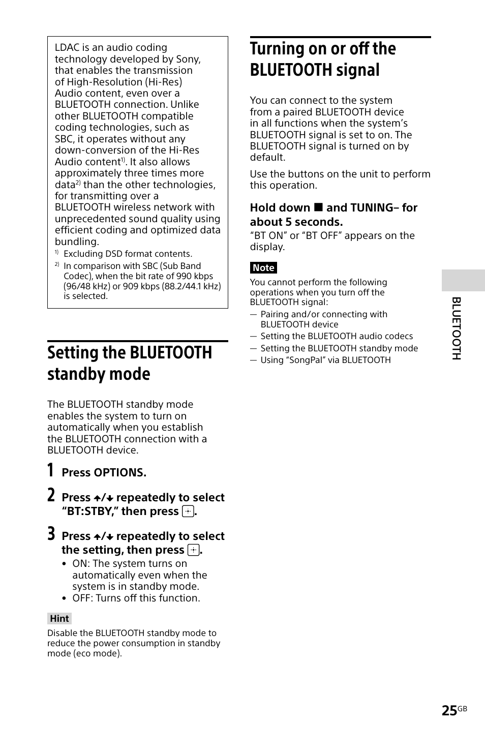 Setting the bluetooth standby mode, Turning on or off the bluetooth signal, Setting the bluetooth | Standby mode turning on or off the, Bluetooth signal | Sony MHC-V11 User Manual | Page 25 / 44