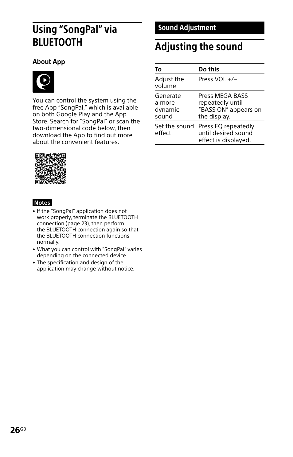 Using “songpal” via bluetooth, Sound adjustment, Adjusting the sound | Using “songpal” via, Bluetooth | Sony MHC-V11 User Manual | Page 26 / 44