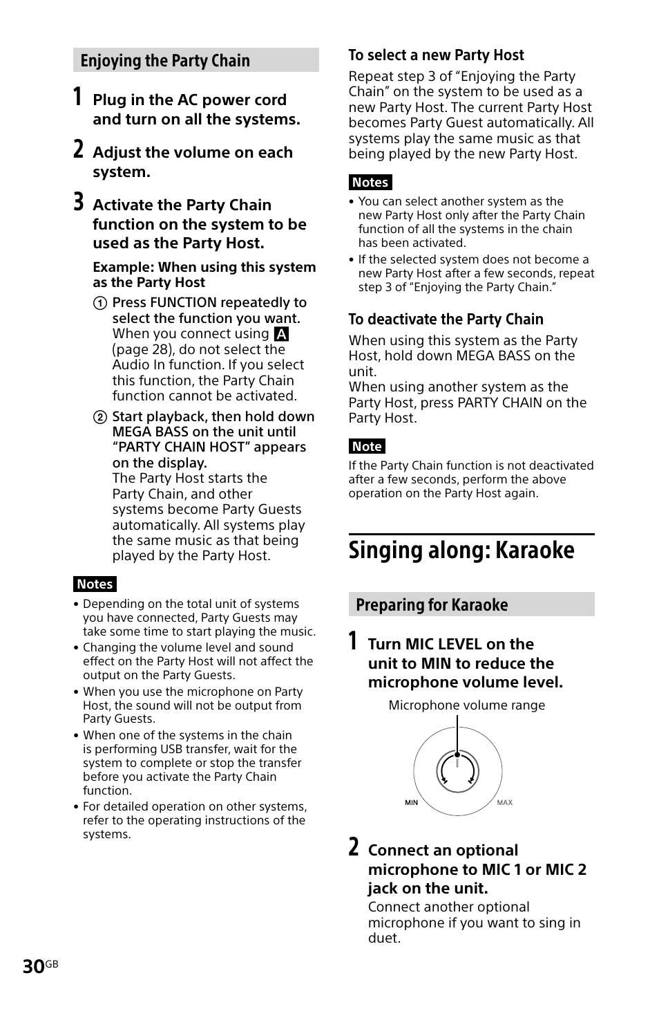 Singing along: karaoke, Enjoying the party chain, Preparing for karaoke | Sony MHC-V11 User Manual | Page 30 / 44