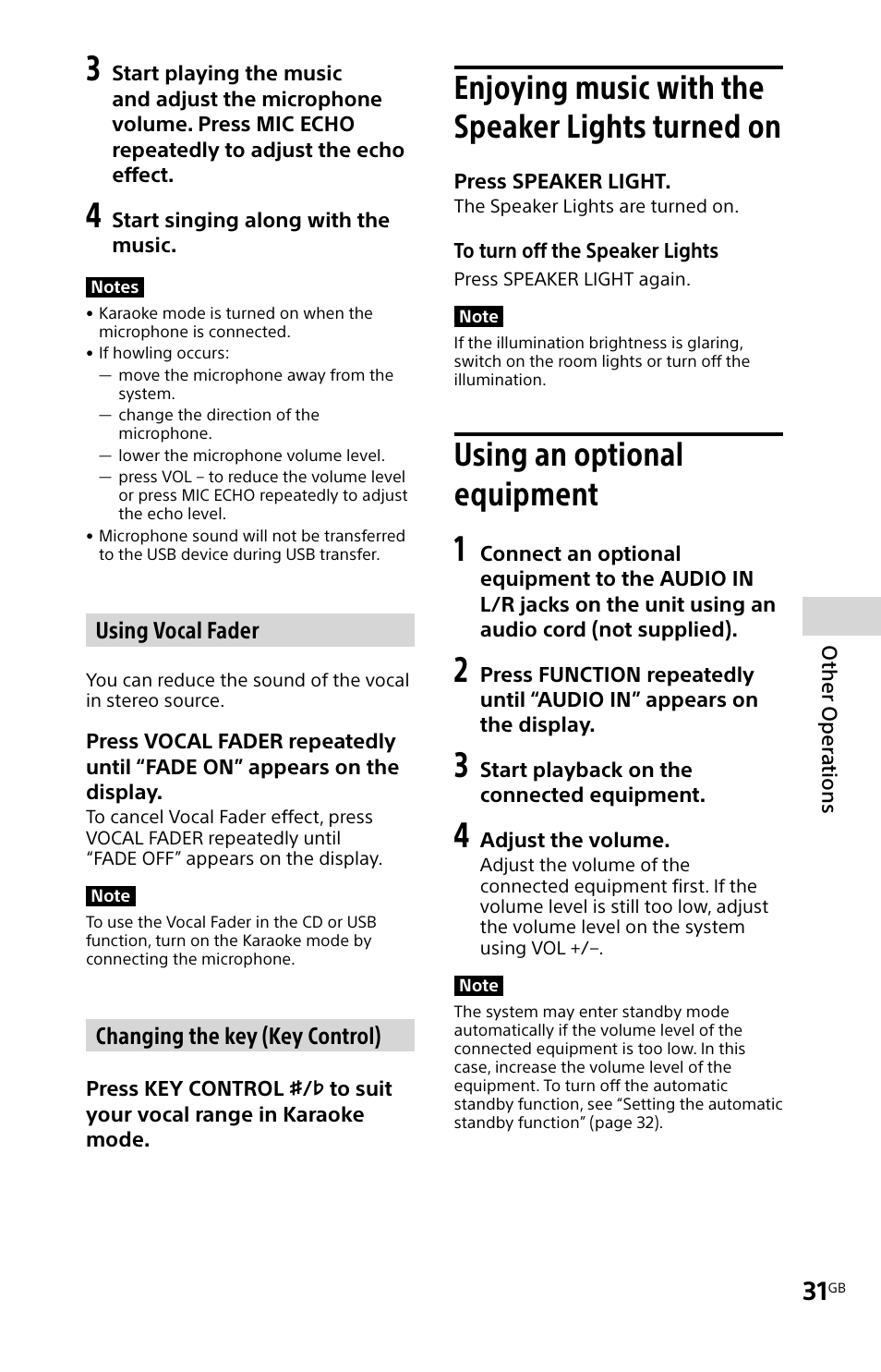 Enjoying music with the speaker lights turned on, Using an optional equipment, Enjoying music with the | Speaker lights turned on using an optional, Equipment | Sony MHC-V11 User Manual | Page 31 / 44