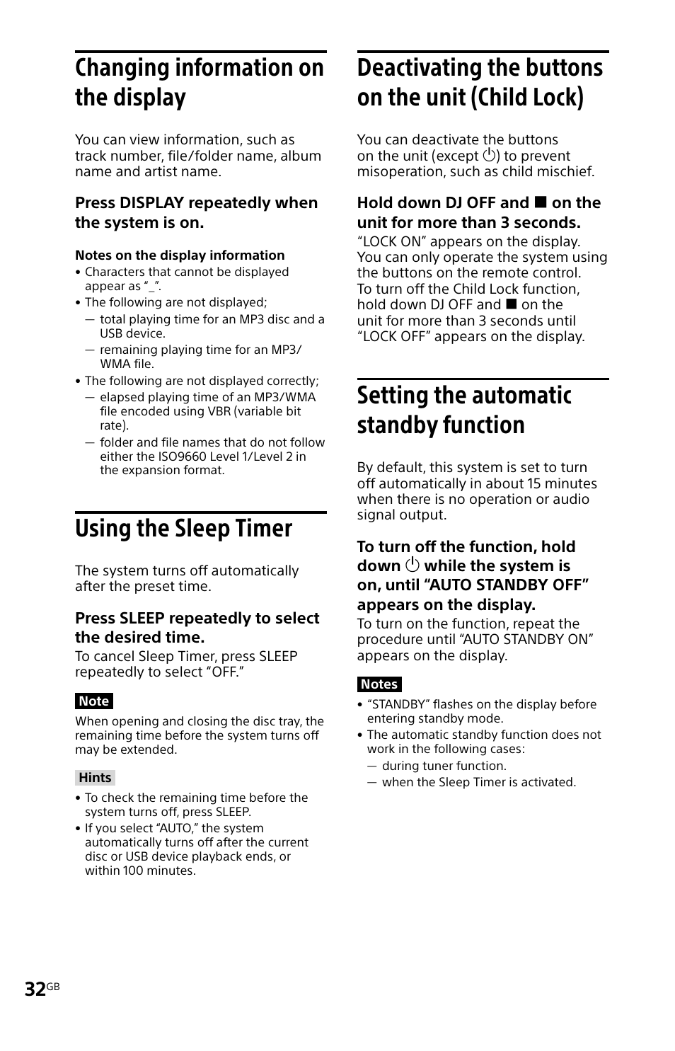 Changing information on the display, Using the sleep timer, Deactivating the buttons on the unit (child lock) | Setting the automatic standby function, Changing information on the, Function | Sony MHC-V11 User Manual | Page 32 / 44