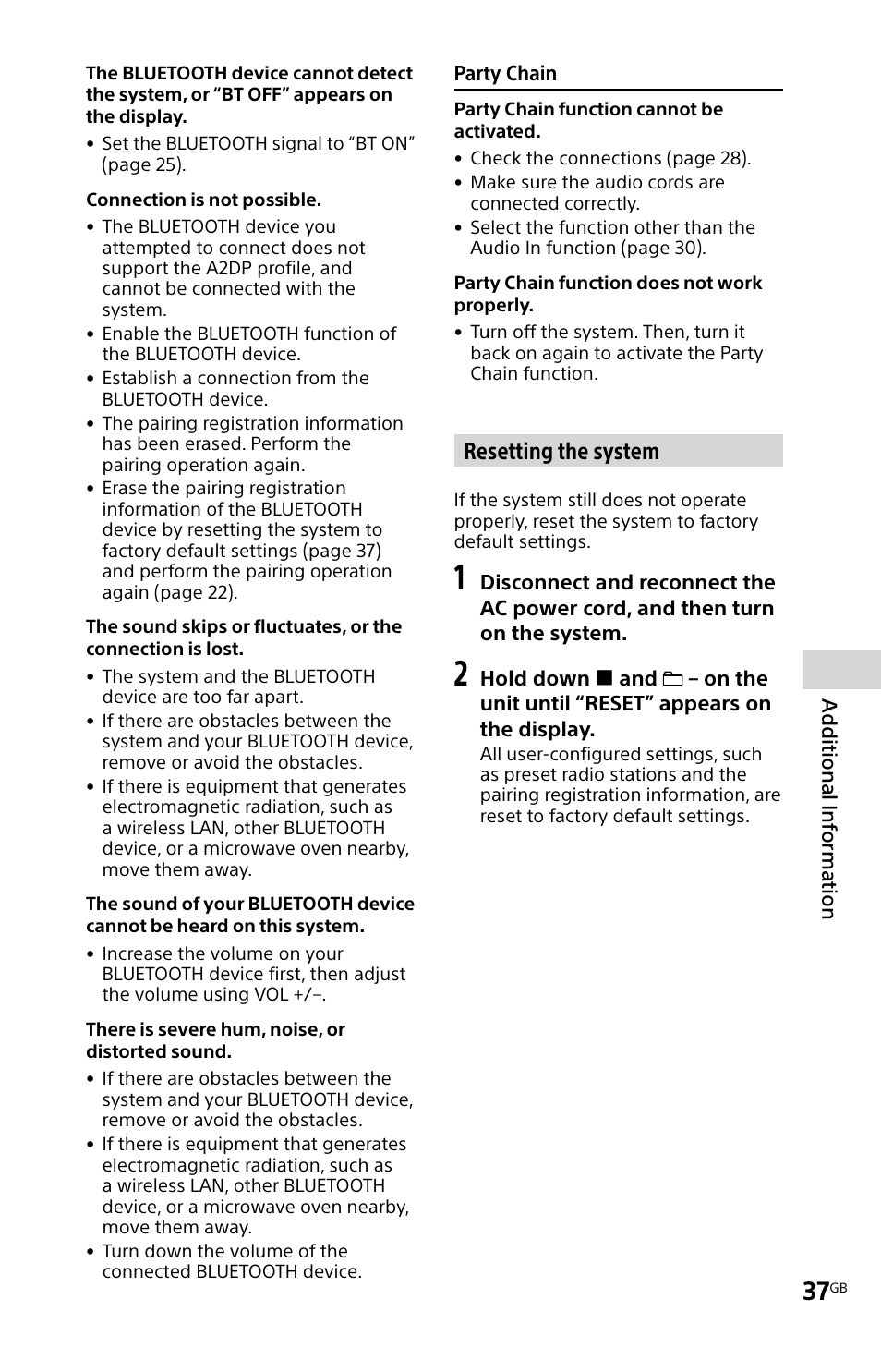 Resetting the system | Sony MHC-V11 User Manual | Page 37 / 44