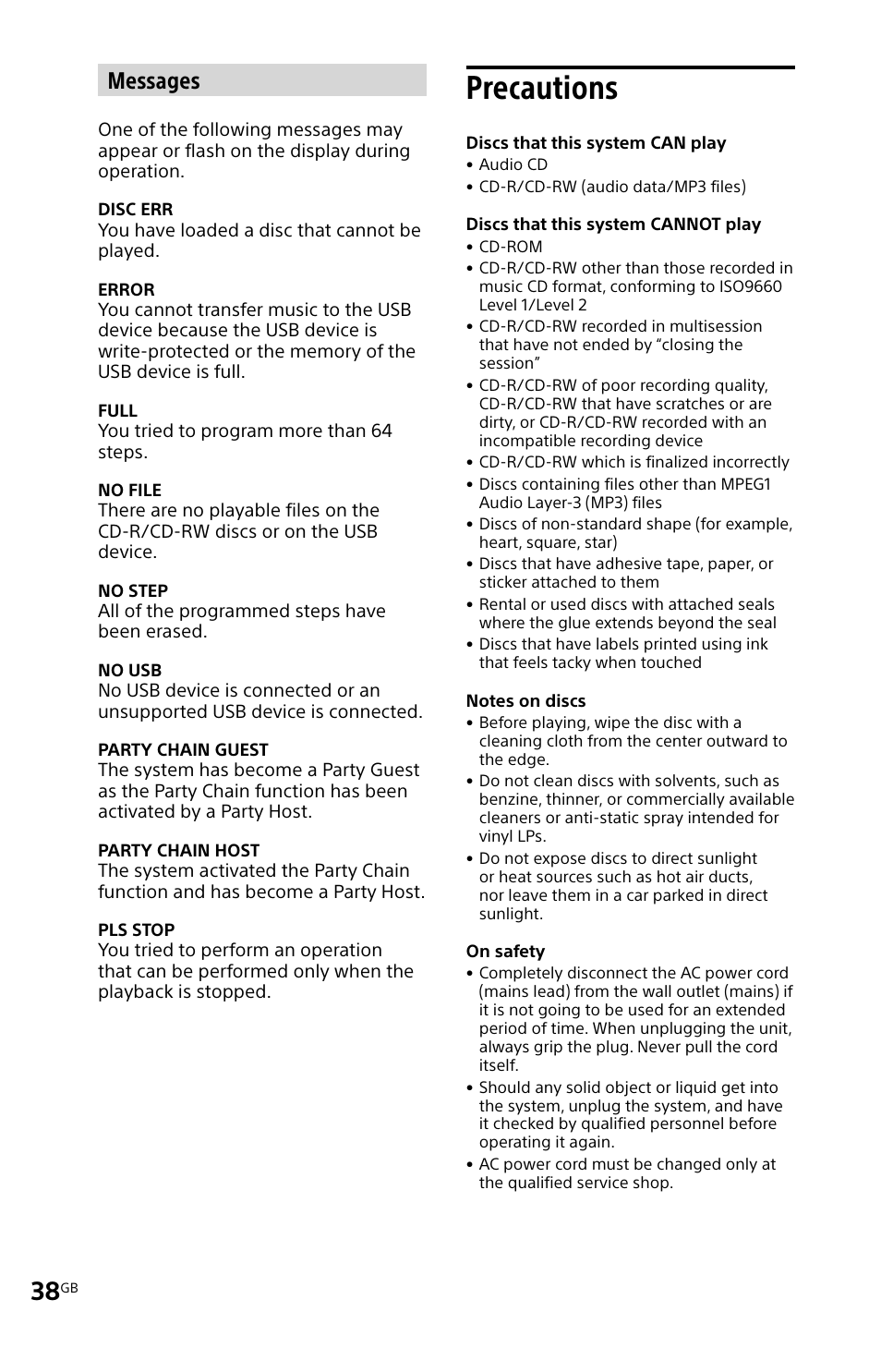 Precautions, Messages | Sony MHC-V11 User Manual | Page 38 / 44