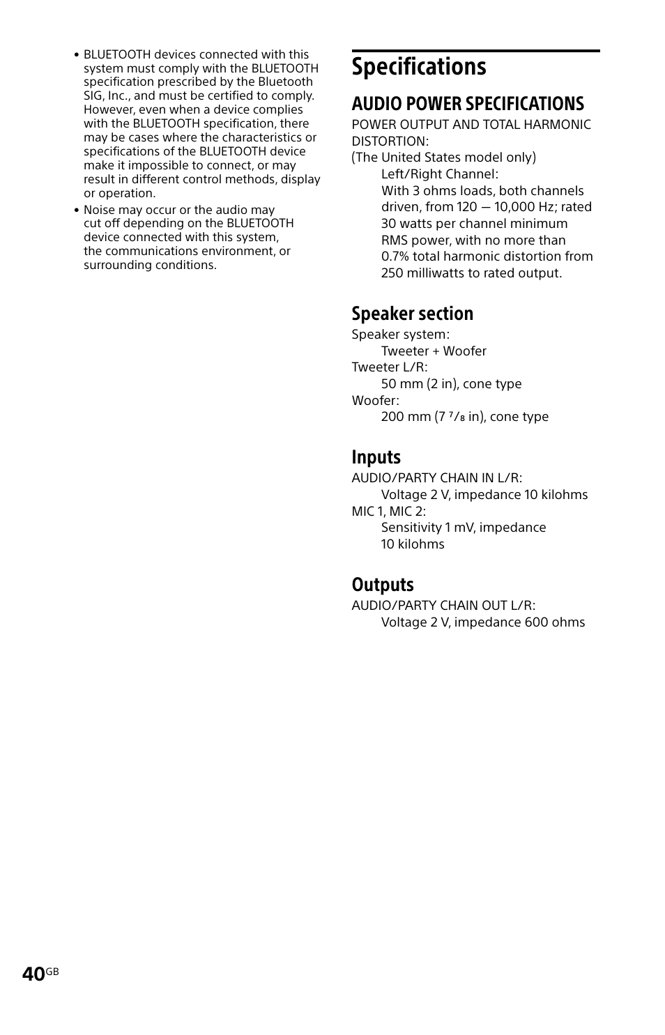 Specifications, Audio power specifications, Inputs | Outputs | Sony MHC-V11 User Manual | Page 40 / 44