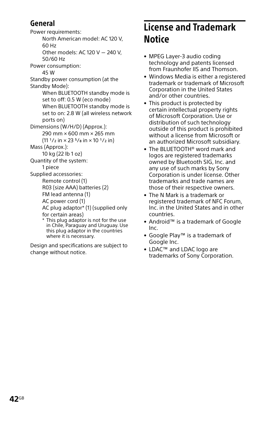 License and trademark notice, License and trademark, Notice | General | Sony MHC-V11 User Manual | Page 42 / 44