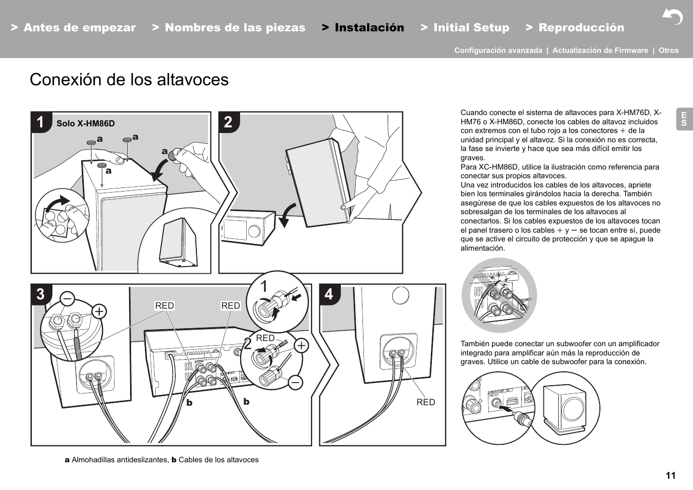 Instalación conexión de los altavoces, Instalación, Conexión de los altavoces | Pioneer X-HM76 User Manual | Page 106 / 330