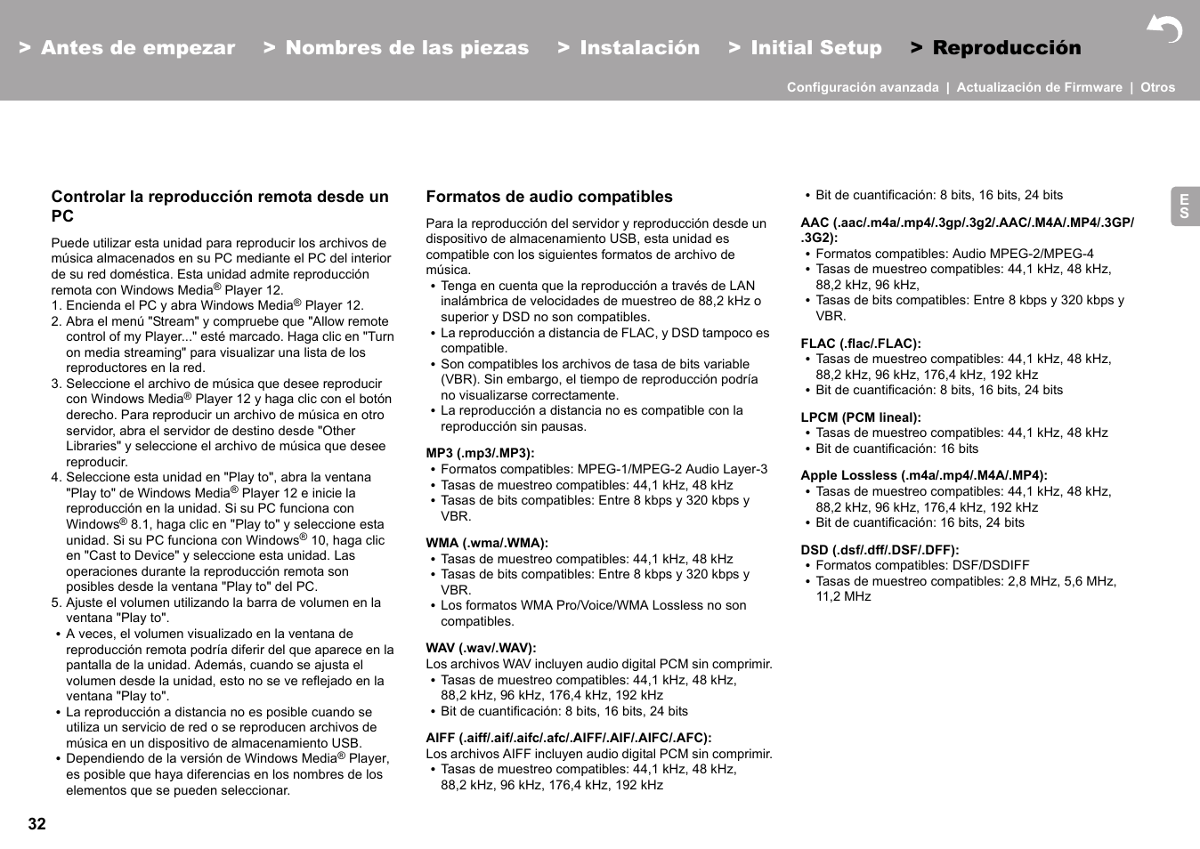 Controlar la reproducción remota desde un pc, Formatos de audio compatibles | Pioneer X-HM76 User Manual | Page 127 / 330