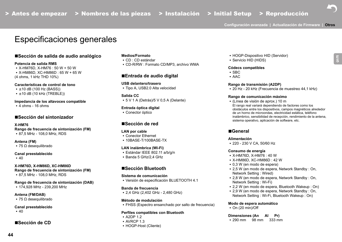 Especificaciones generales | Pioneer X-HM76 User Manual | Page 139 / 330