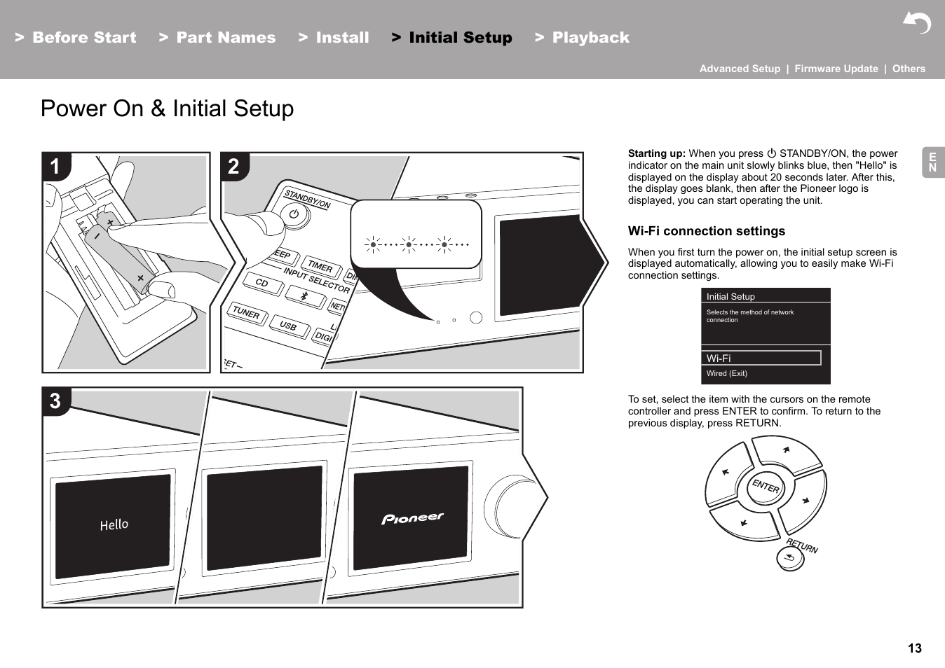 Initial setup power on & initial setup, Initial setup, Ttings in initial settings (äp13) | Power on & initial setup | Pioneer X-HM76 User Manual | Page 14 / 330