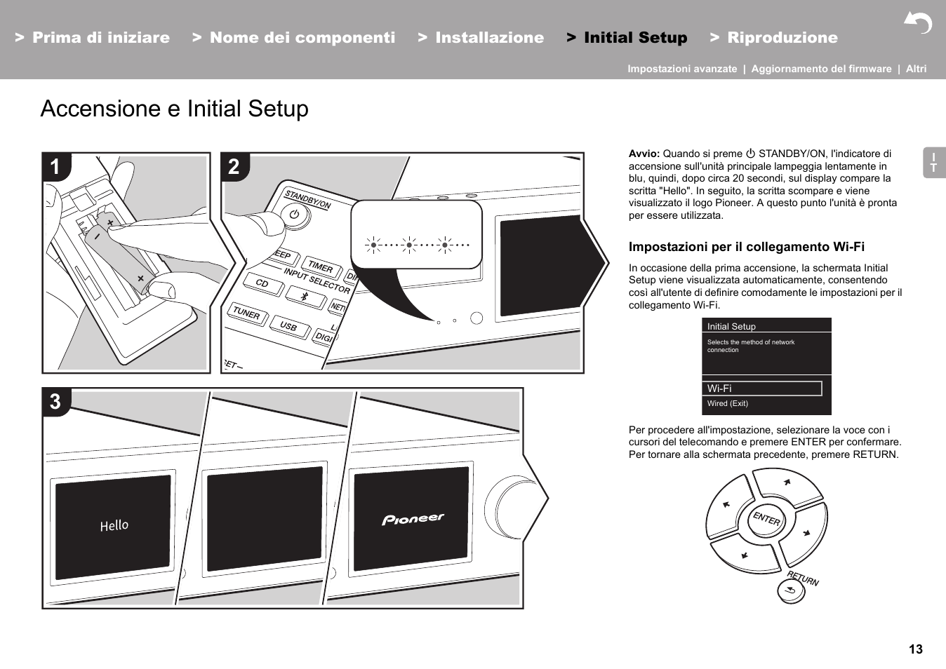 Initial setup accensione e initial setup, Initial setup, Дp13). и possibile utilizza | Accensione e initial setup | Pioneer X-HM76 User Manual | Page 155 / 330