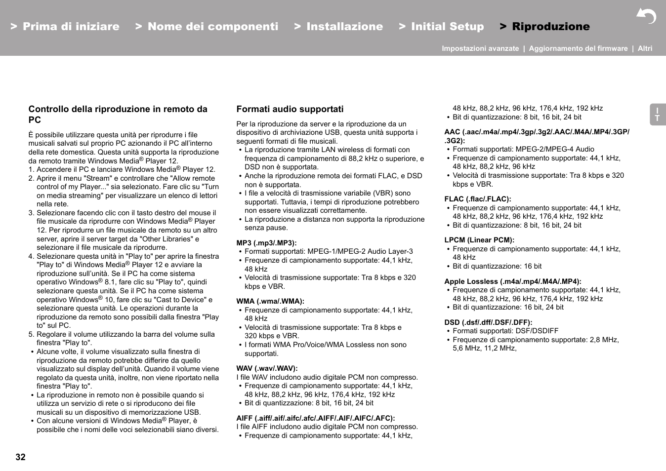 Controllo della riproduzione in remoto da pc, Formati audio supportati | Pioneer X-HM76 User Manual | Page 174 / 330