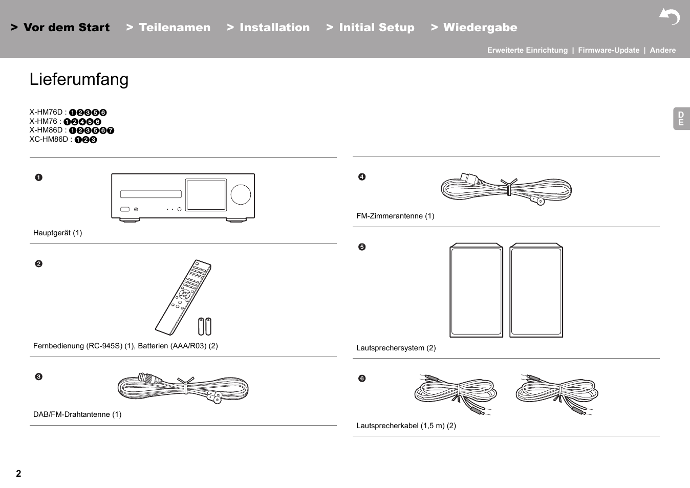 Vor dem start lieferumfang, Vor dem start, Lieferumfang | Pioneer X-HM76 User Manual | Page 191 / 330