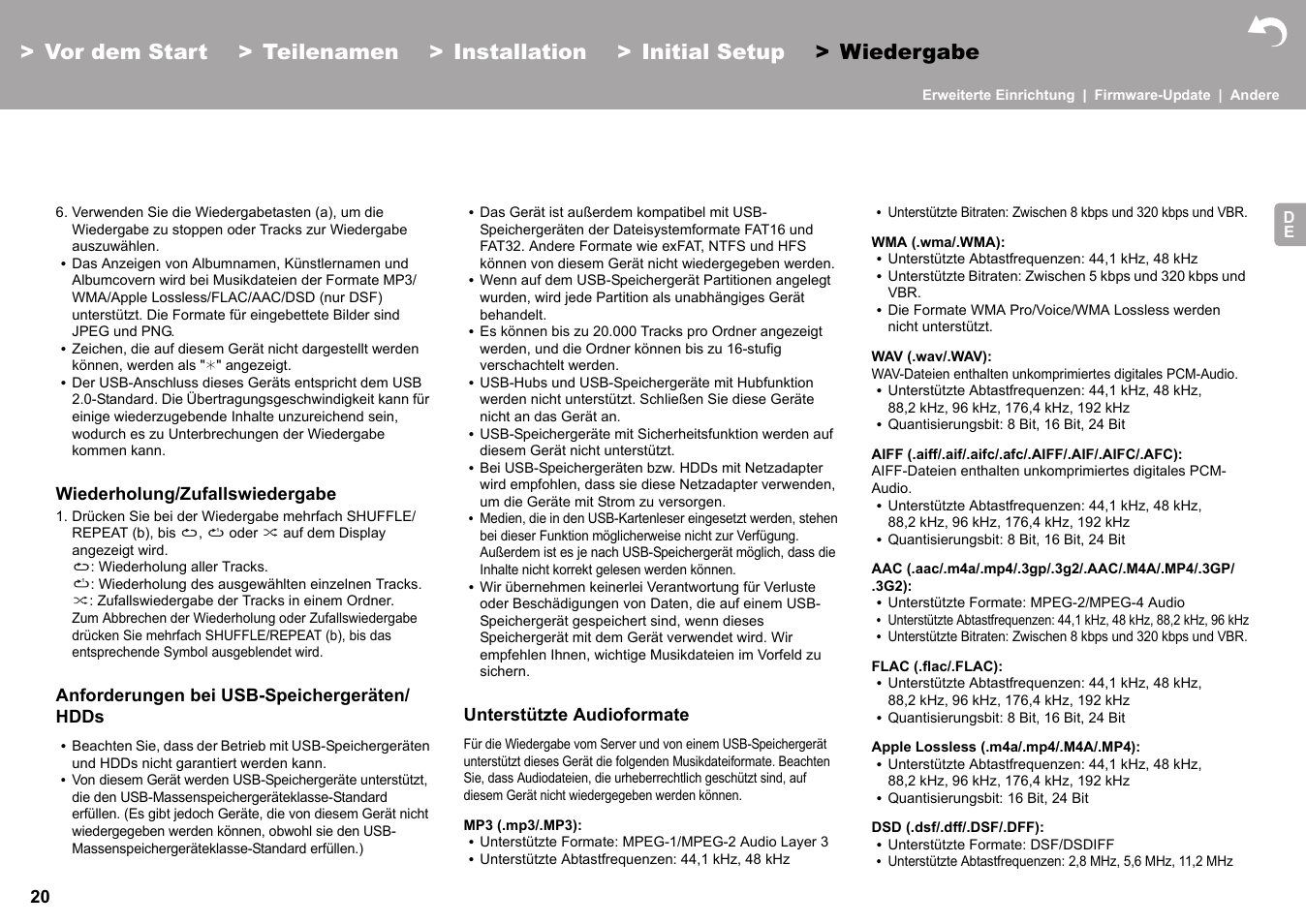 Wiederholung/zufallswiedergabe, Anforderungen bei usb-speichergeräten/ hdds, Unterstützte audioformate | Pioneer X-HM76 User Manual | Page 209 / 330